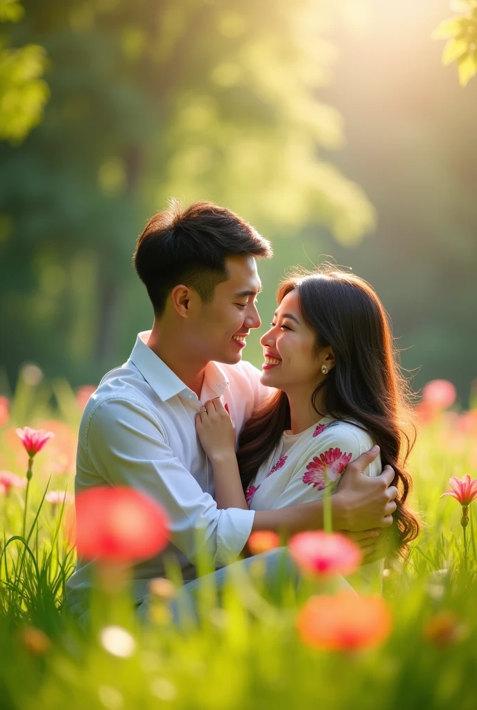 "Asian male with handsome and clean face,hug from behind with a beautiful woman lover,face looking forward,photo in the green grass garden"