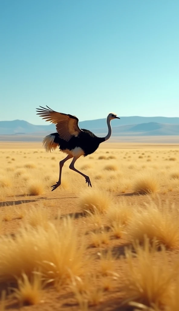 An ostrich running gracefully across the savanna, modern day, fully in motion with its wings slightly spread for balance, the wide-open land stretching far into the distance, dynamic wide shot, hyper-realistic, photo realism, cinematography --ar 9:16.