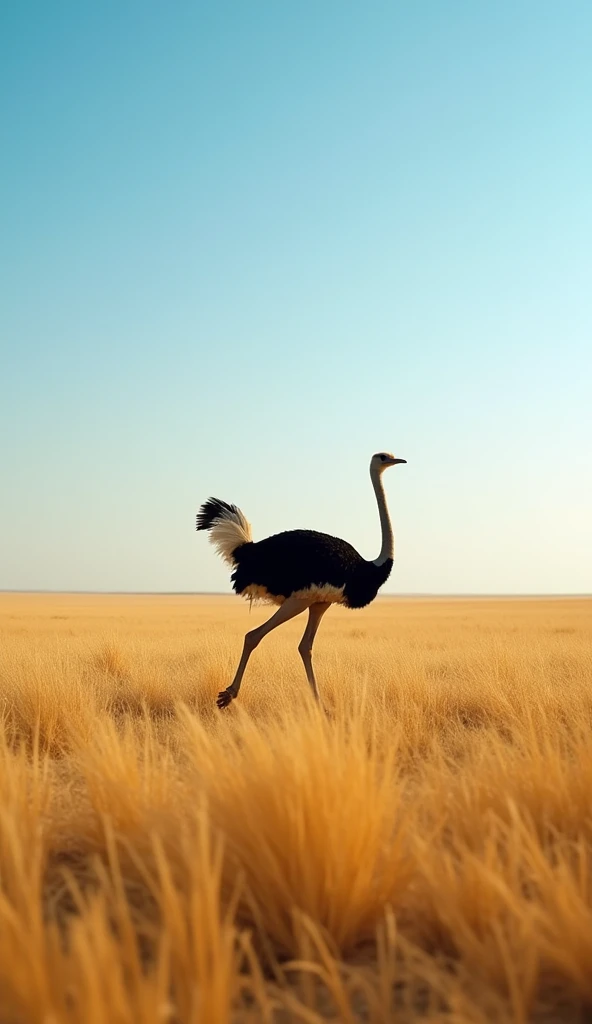 An ostrich running gracefully across the savanna, modern day, fully in motion with its wings slightly spread for balance, the wide-open land stretching far into the distance, dynamic wide shot, hyper-realistic, photo realism, cinematography --ar 9:16.