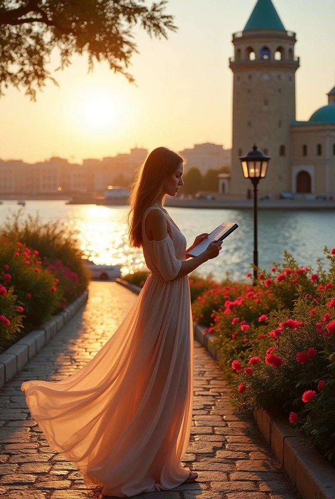 Beautiful female model drawing in Baku city next to girl Tower