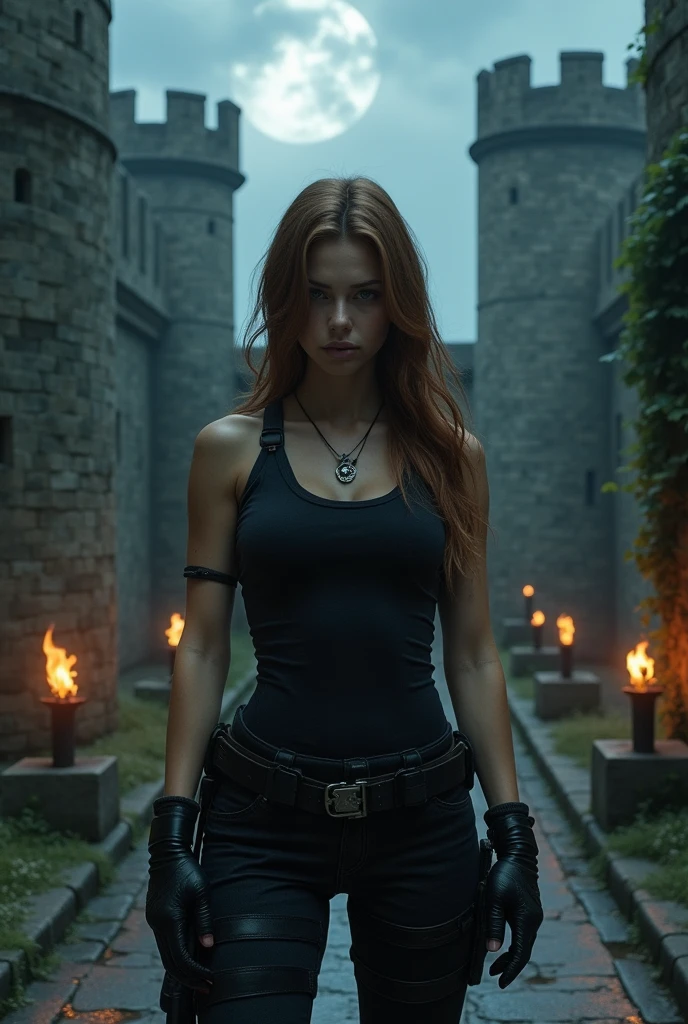 Create a character similar to Ashley from Resident Evil 4 , semi-new , standing in front of a castle