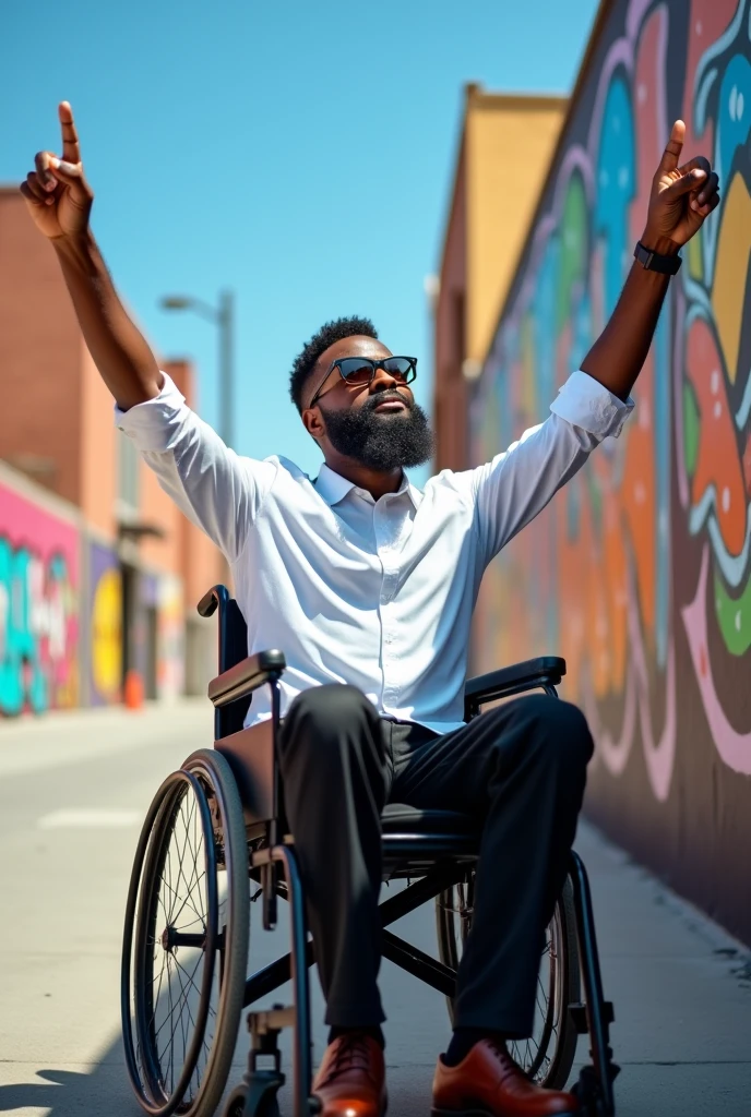 A man in a wheelchair with a white dress shirt and black dress pants, dress shoes, a black beard and black square glasses with his arms up pointing at something graffiti
