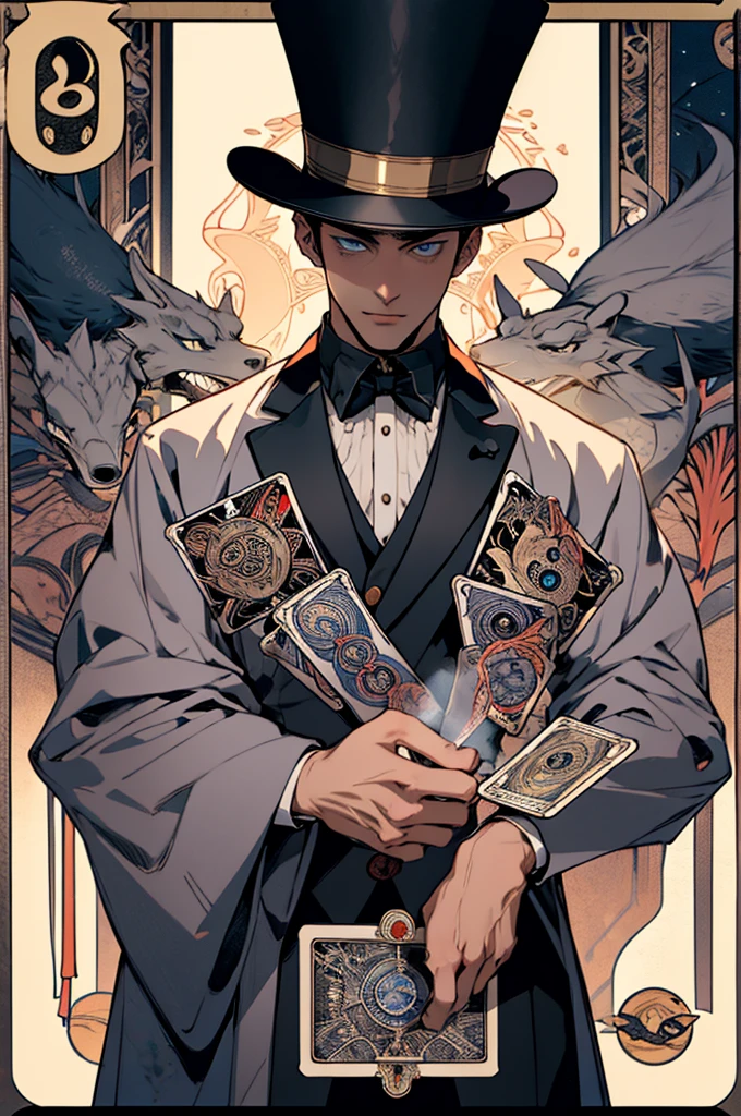 1 man,(short white hair:1.1),blue eyes,magician, top hat((Hat decorated with tarot cards)), Victorian robe, (zenDispute, Mandala, Dispute, enDispute:0.6),Chaos in its most beautiful form,Mucha style, conscious mind,Tarot cards, steam punk, tarot card border