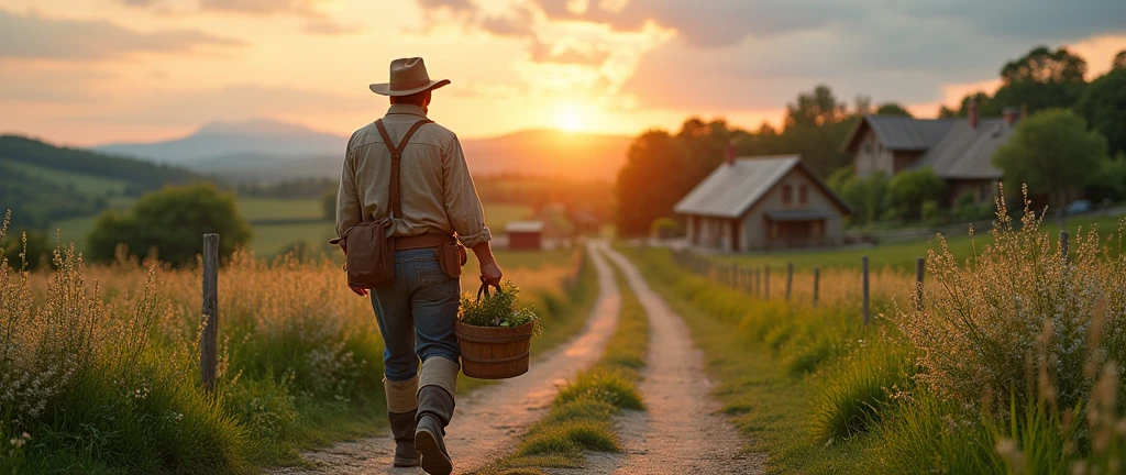 An image of a country gentleman in the foreground, carrying a bucket, going home, em um vilarejo, country man, photo realist, image from bottom to top, horizon line