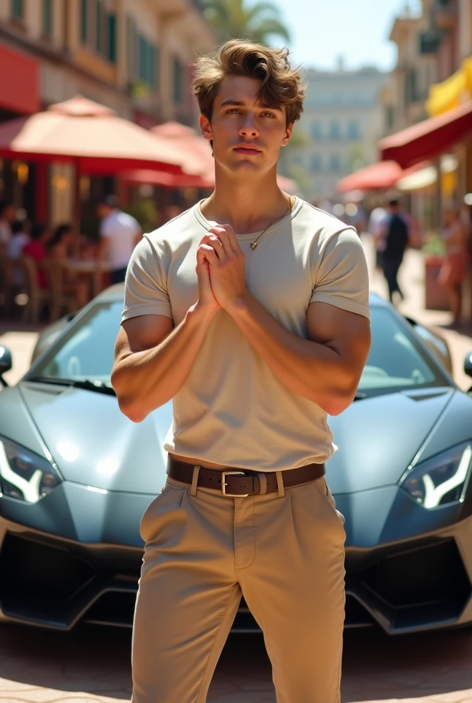 un jeune homme de 18 ans brun avec des cheveux sur son front musclé en tee shirt et pantalon beige très chic prends la pose les mains jointe devant une place avec une belle voiture de sport, cette image montre sa réussite et sont charisme
