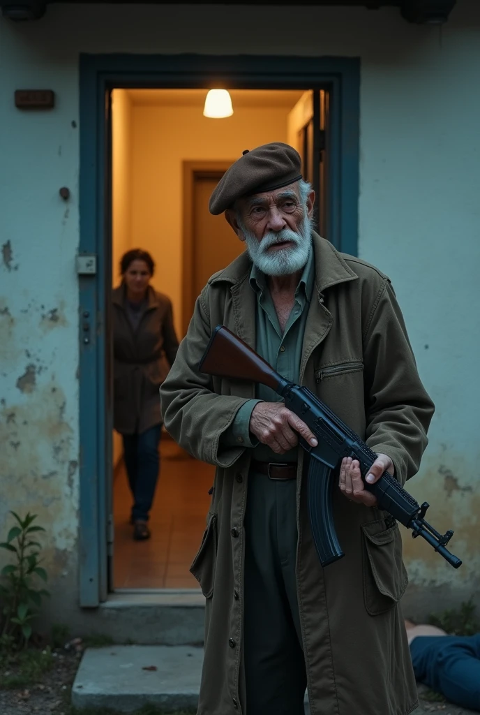 The image shows the facade of a modest house, with a partially open door. In front of the door, a man over 74 years old, with an expression of despair and pain, He holds a gun in his hand. the man, with a brown beret on his head. A 29-year-old man lies on the ground, near the entrance.

On the left, You can see the blurred figure of a woman, the young man&#39;s mother, who tries to run towards him. 