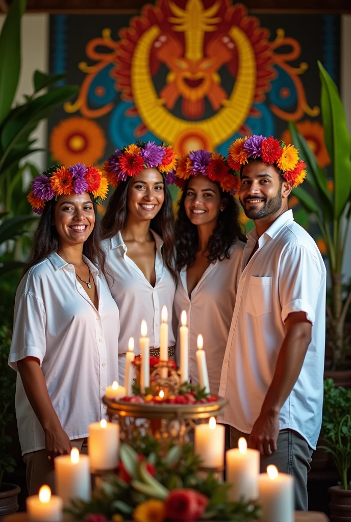 Two women and two men in front of a lush Umbanda altar, wearing a white cotton shirt, with natural flower crowns, showing off your natural charm and outgoing personality, surrounded by white candles.