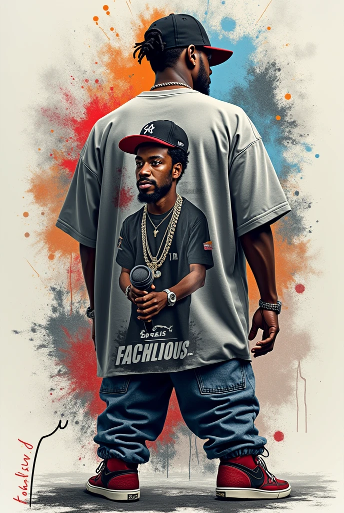 Make a oversize t-shirt color gray add some unique art of hip hop rap artist with mic ,print the art in back side and add this slogan Sai by be fashionable