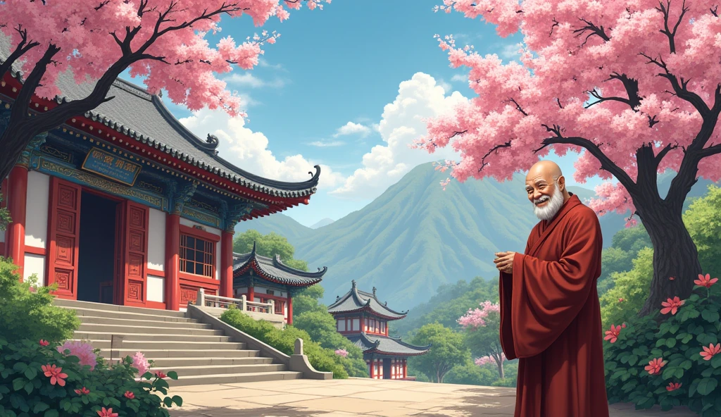 An wisdom full old fat Chinese monk, surrounded by temples, beautiful scenario, garden, trees, in anime style