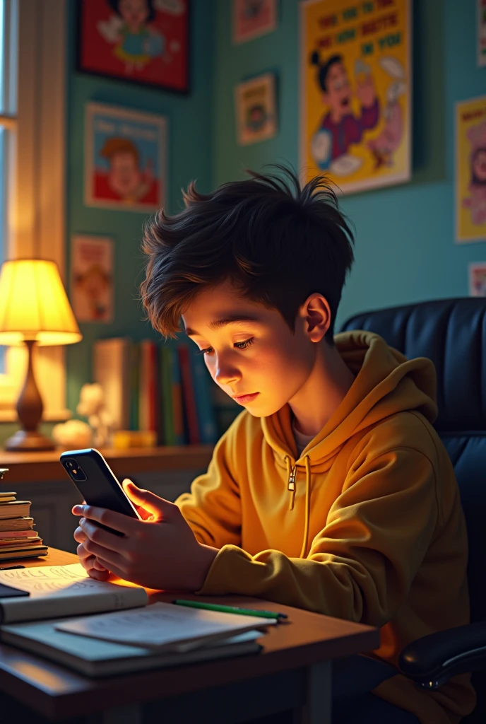 a handsome boy tired of studying is looking at his cell phone hidden cartoon