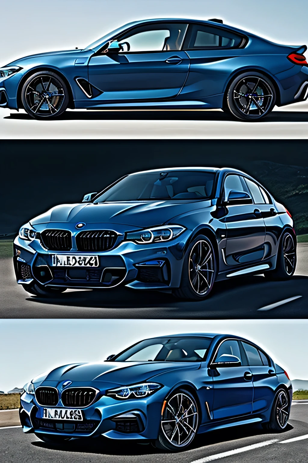 The blue BMW pulled up smoothly, its glossy exterior reflecting the sunlight as it approached. The car had a sleek, modern design with sharp lines and a muscular stance. The front grille, flanked by the iconic BMW kidney-shaped openings, gleamed as the car rolled to a stop. The LED headlights added a sophisticated touch, and the polished alloy wheels shimmered as the car parked. The deep blue color of the BMW contrasted beautifully with the surrounding scenery, making it stand out as it came to a halt.