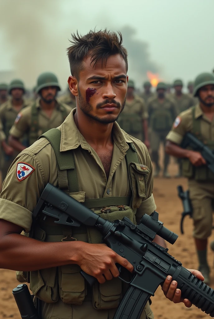 Illustrate a light brown man, all dirty with dust and all cut up, from the Brazilian army commando battalion, strong and large robust body, with short hair and no facial hair, with a tired but aggressive look, holding a machine gun .50 with a cut on his face from a bayonet. He is fully equipped with the Brazilian army uniform and a heavy vest.. In the background leading an entire battalion of Brazilian soldiers