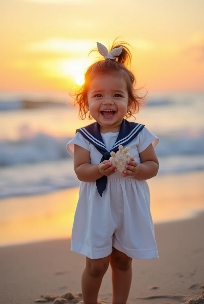 Create an extra realistic image of a 2. named Marivane, with large, sparkling eyes and long lashes, laughing with delight. She has chubby cheeks and is wearing a cute, sailor-themed outfit. The scene is set at the beach, with the waves gently crashing in the background, and the sun setting, casting a warm glow over her. The sand beneath her feet is slightly blurred to focus on her exuberant expression, as she holds a small seashell in her hand. This image is taken with a wide-angle prime lens (24mm f/1.4), which captures the expansive beach scene while keeping the subject sharply in focus. The wide aperture creates a beautiful separation between the girl and the background, and the slight zooming effect gives depth to the waves and emphasizes the vastness of the ocean, creating a vibrant and lively atmosphere. Ensure that her hand is visible with exactly five fingers. Negative prompt: No additional fingers, out of frame, lowres, text, error, cropped, worst quality, low quality, jpeg artifacts, ugly, duplicate, morbid, mutilated, out of frame, extra fingers, mutated hands, poorly drawn hands, poorly drawn face, mutation, deformed, blurry, dehydrated, bad anatomy, bad proportions, extra limbs, cloned face, disfigured, gross proportions, malformed limbs, missing arms, missing legs, extra arms, extra legs, fused fingers, too many fingers, long neck, username, watermark, signature.