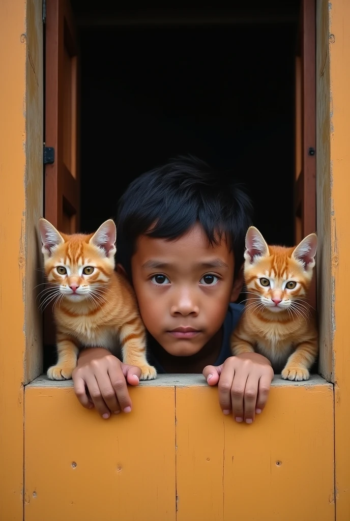 Real photo. a young man with an Indonesian face peeking out of a window wall with only his eyes and hands looking sharp as if he saw something strange along with 3 orange cats. Ultra-realistic 8K photo, taken with Leica Q2, strong color contrast and sharp clarity --ar 9:16 --quality 2 --