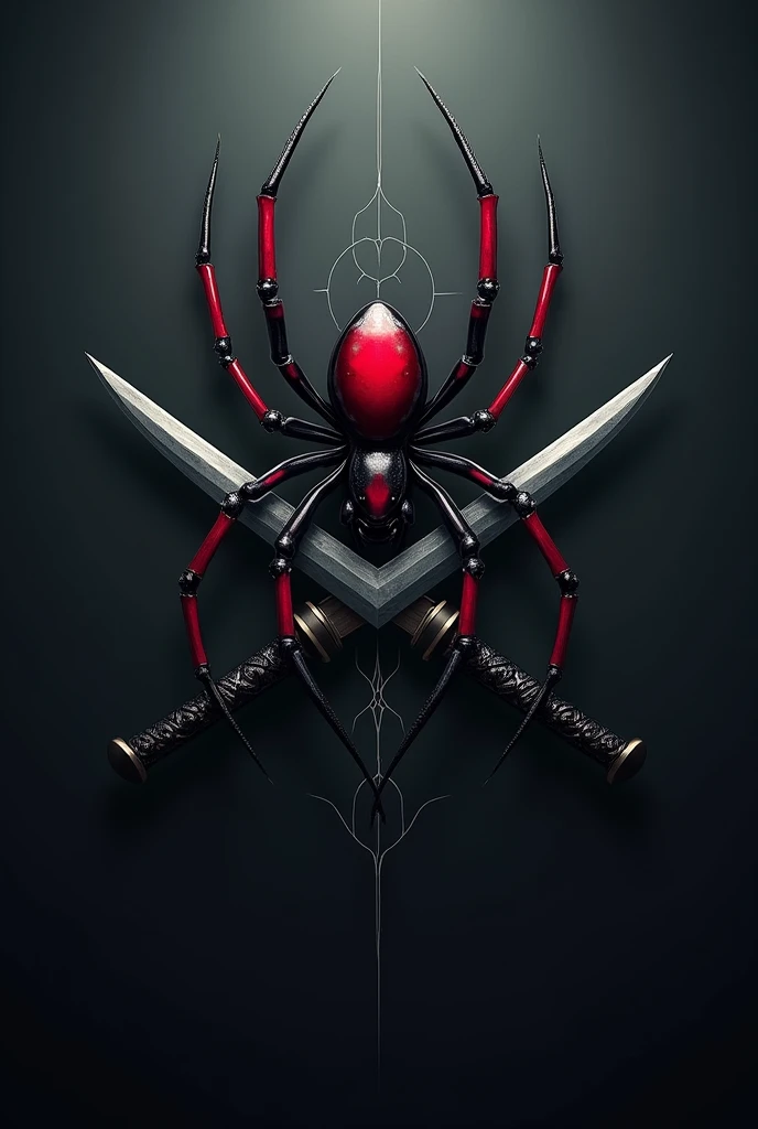 Create a 2d image of a funeral home logo with a red widow spider and two crossed blades in the shape of an X