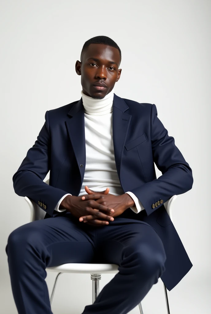 best qualityer:1.4), (ultra high resolution:1.2), (photorrealistic:1.4), (8k, CRU photo:1.2), a thin young man of 20 years old, skin black, with a smooth, beardless face, with short hair, with shaved sides and a low top, he is wearing a white turtleneck shirt and a navy blue coat over it. is wearing navy blue dress pants. is sitting on a white chair. It is in a photography studio with a white background 