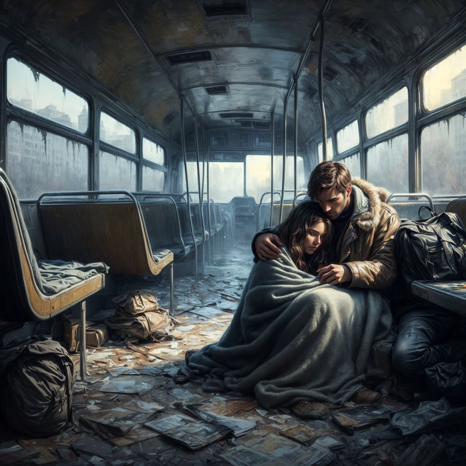 painting of a man and woman sitting on a bus with a blanket, sylvain sarrailh and igor morski, bussiere rutkowski andreas rocha, by László Balogh, by Ludwik Konarzewski, surreal dark art, stunning artwork, cyril rolando and m. w kaluta