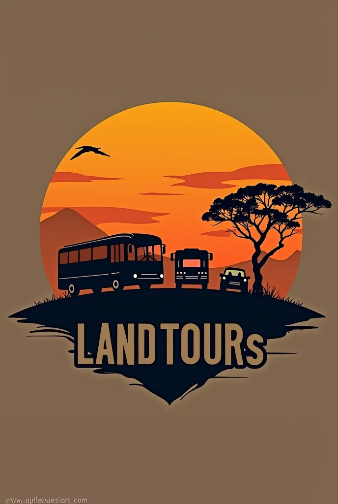 Logo of a land tourist transport company with a sunset behind the tourist land transports, orange colors, black and it looks nice