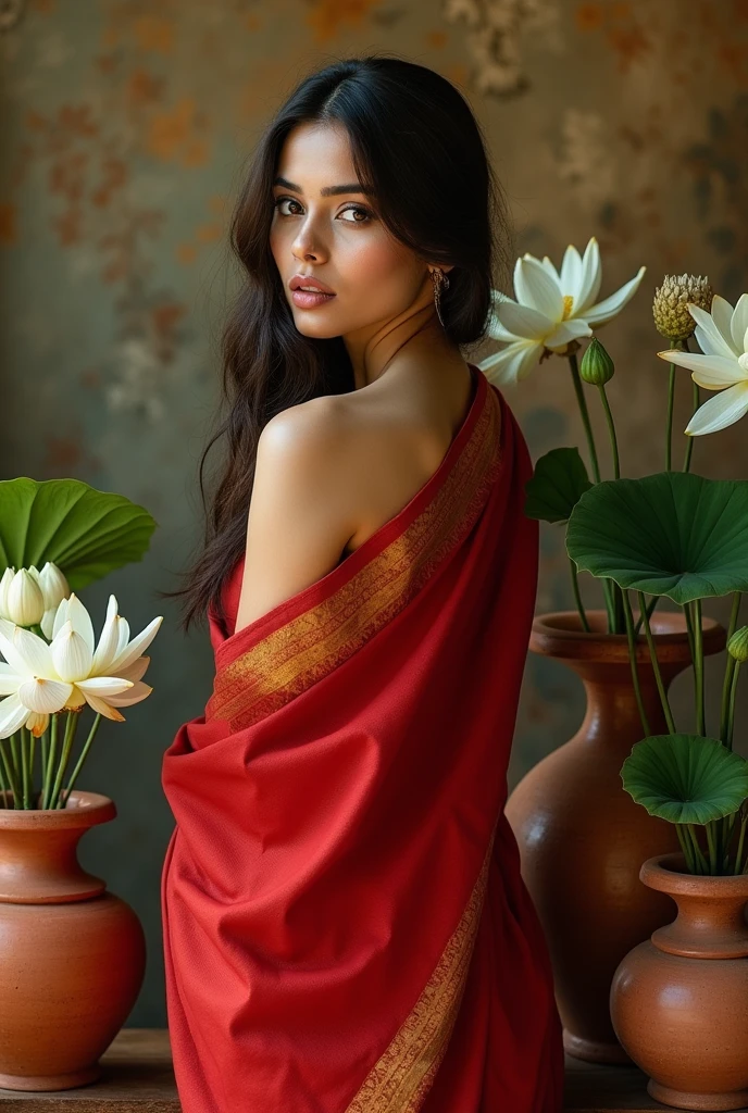 Create a body for this beautiful woman. Make it look like she is wearing an Indian traditional saree-red colour with a golden border without a blouse. Make her body posture look beautiful like Ravi Varma painting. Also create a subtle traditional vintage background, add clay urns and pots with white lotus flower ,lotus leaf,lotus bud and seed on the earthy texture background. Overall make it look artistic