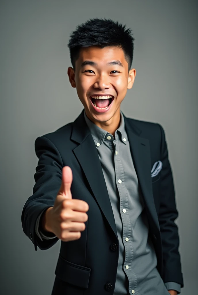 20-year-old man in men's clothing, thumbs up, shocked face, crew cut hair, black hair, studio lighting, portrait angle