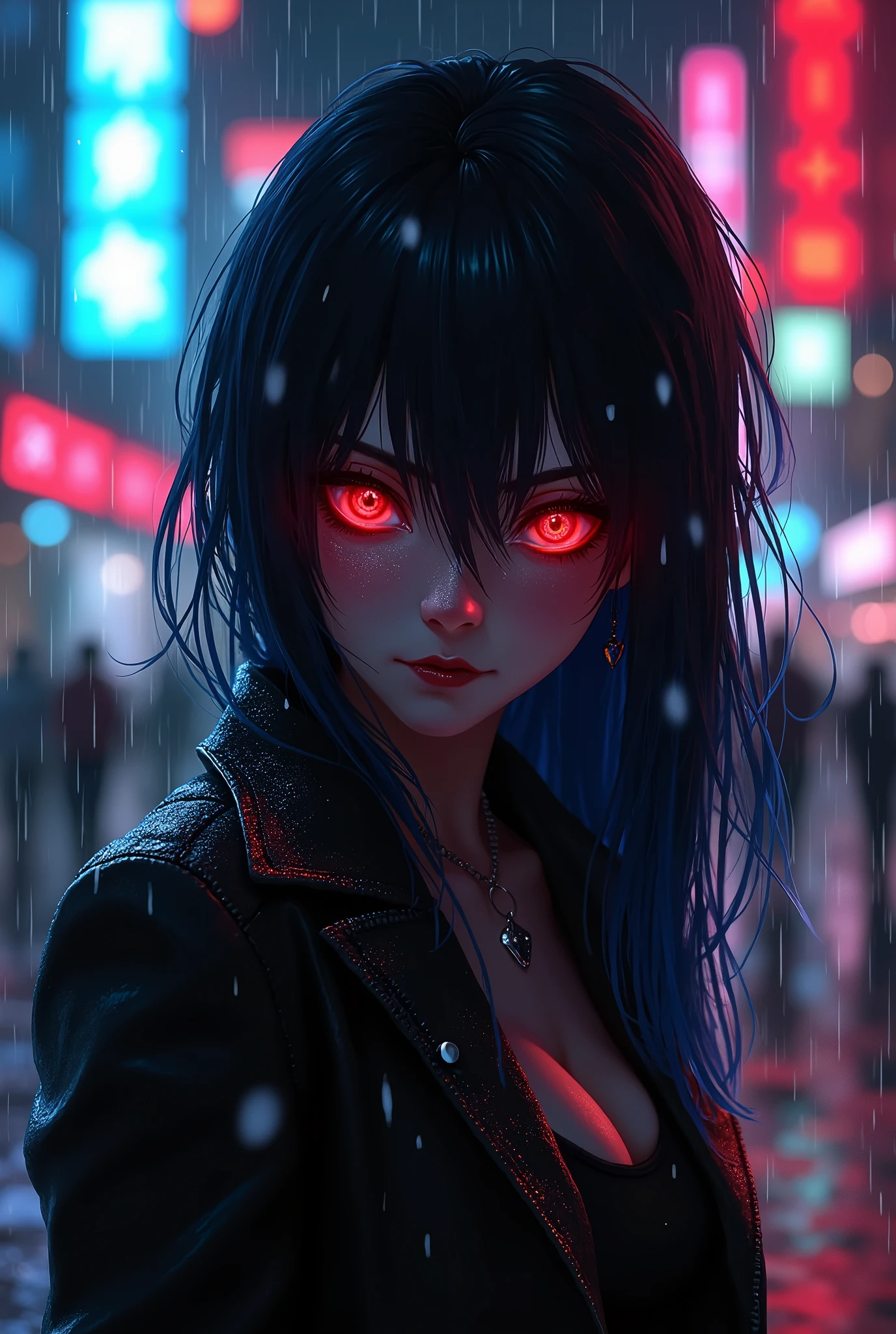 (anime women), devil may cry inspired women, (demon eyes) standing in a rain soaked, city street at night, cinematic lighting (best quality:1.2)detailed, neon lights, vivid colors,bokeh, angry looking face with smirk on mouth, piercing, ((piercing)), gaze, 4k, particles in the air, powers, amazing art work full of details, dynamic movement, (dark lips), scars
