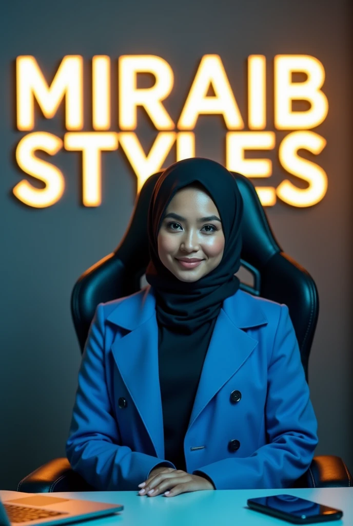 An Islamic women sitting in gaming chair wearing blue coat and face face is my side eye contact with Audience
in front table leptop and Mobile lighting room background in gray wall writing "Miraib Styles" White colour Yellow neown glow