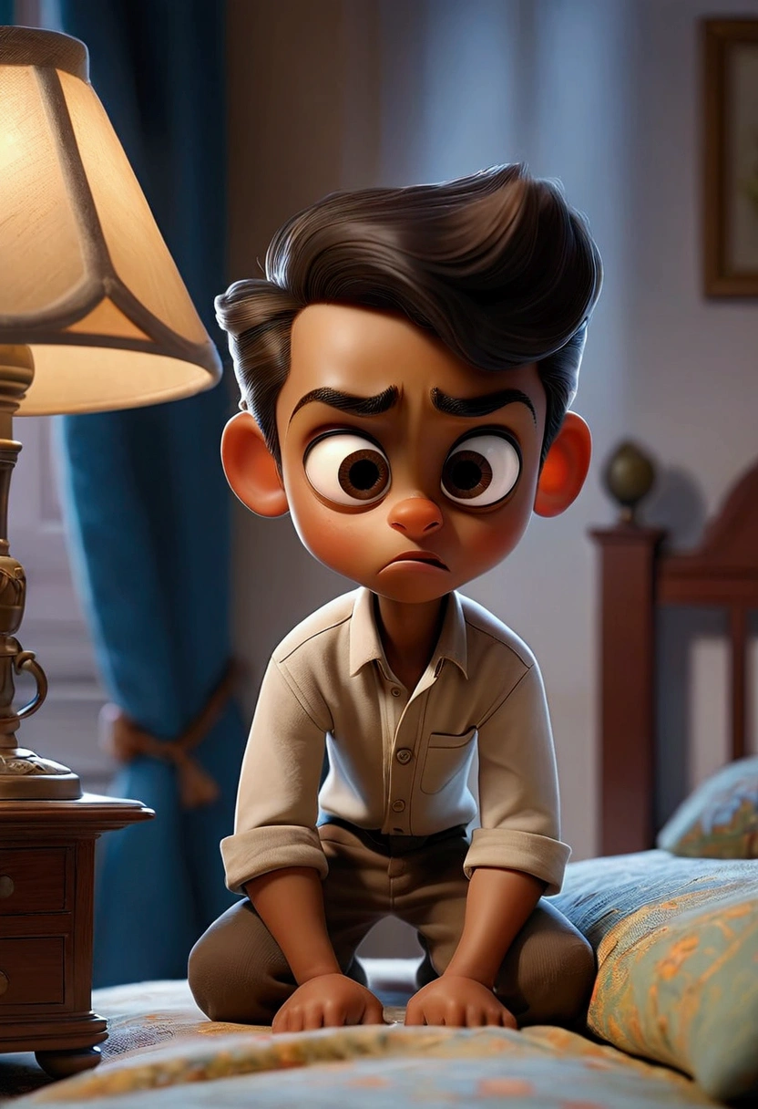Image Idea: Small boy Ali quickly turns on a lamp or light. The room is now fully lit, and small boy Ali looks around frantically. The bed and furniture are back to normal, but small boy Ali’s face shows that he is deeply disturbed.