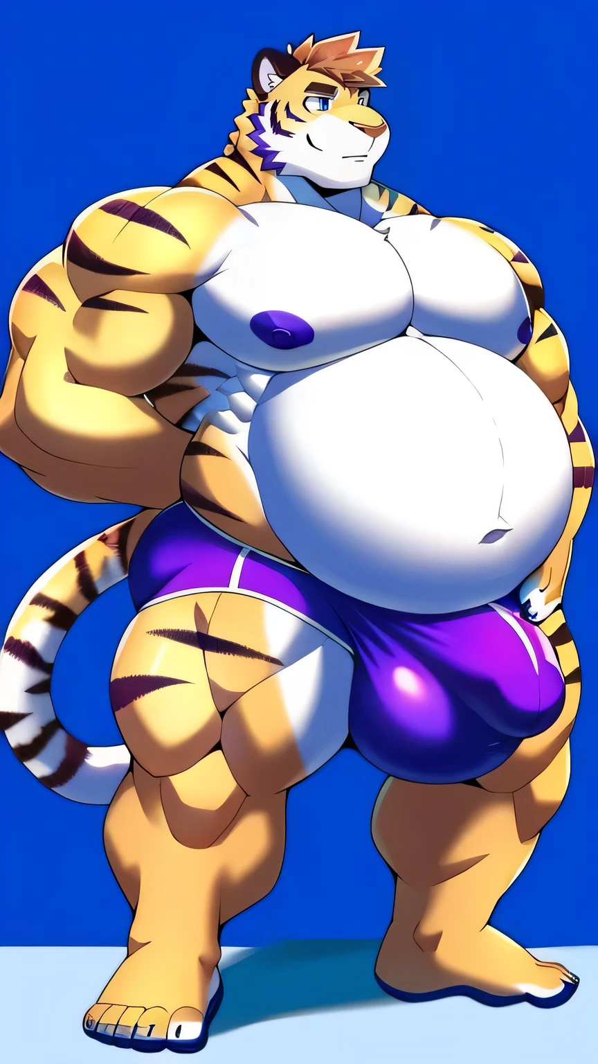 White tiger, big belly, large pectorals, muscular arms, thick thighs, male focus, brown short hair, blue eyes, purple underwear, big bulge, purple nipples, sexy pose, full body 