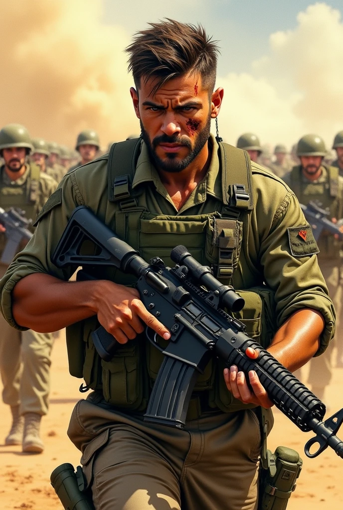 Illustrate a light brown man, all dirty with dust and all cut up, from the Brazilian army commando battalion, strong and large robust body, with short hair and no facial hair, with a tired but aggressive look, holding a machine gun .50 with a cut on his face from a bayonet. He is fully equipped with the Brazilian army uniform and a heavy vest.. In the background leading an entire battalion of Brazilian soldiers