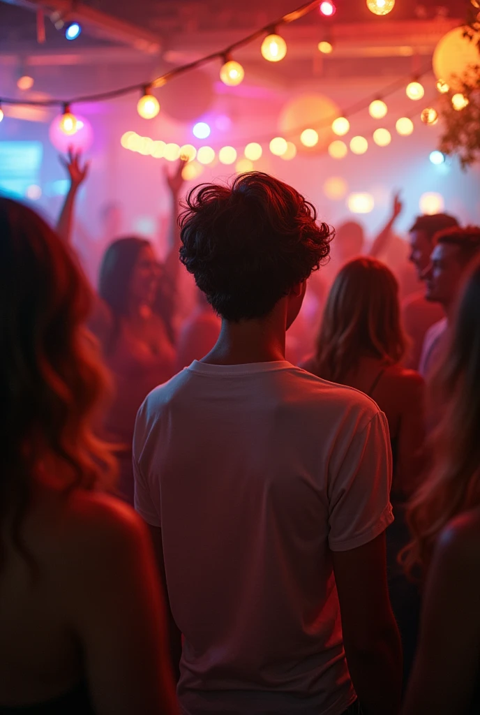 A 22-year-old boy with white skin, wavy brown hair, is at a party with a group of friends, He is in that group of friends while his friends talk, this boy is looking for someone else but without any success.