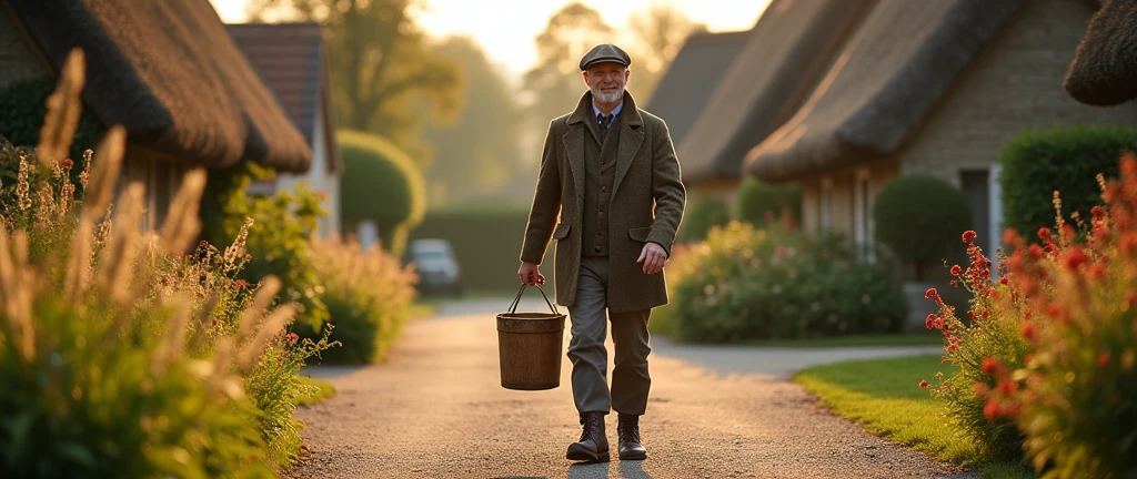 An image of a country gentleman in the foreground, carrying a bucket, going home, em um vilarejo, country man, photo realist, image from bottom to top, horizon line