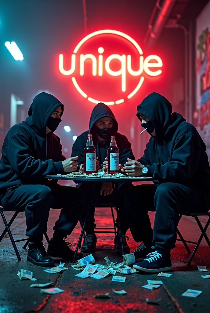 3 masked gangsters all in anime look in modern streetware style.they smoke cigarettes count euros banknotes. Alcohol bottles on the table and cannabis an UnqiueClique logo in the background