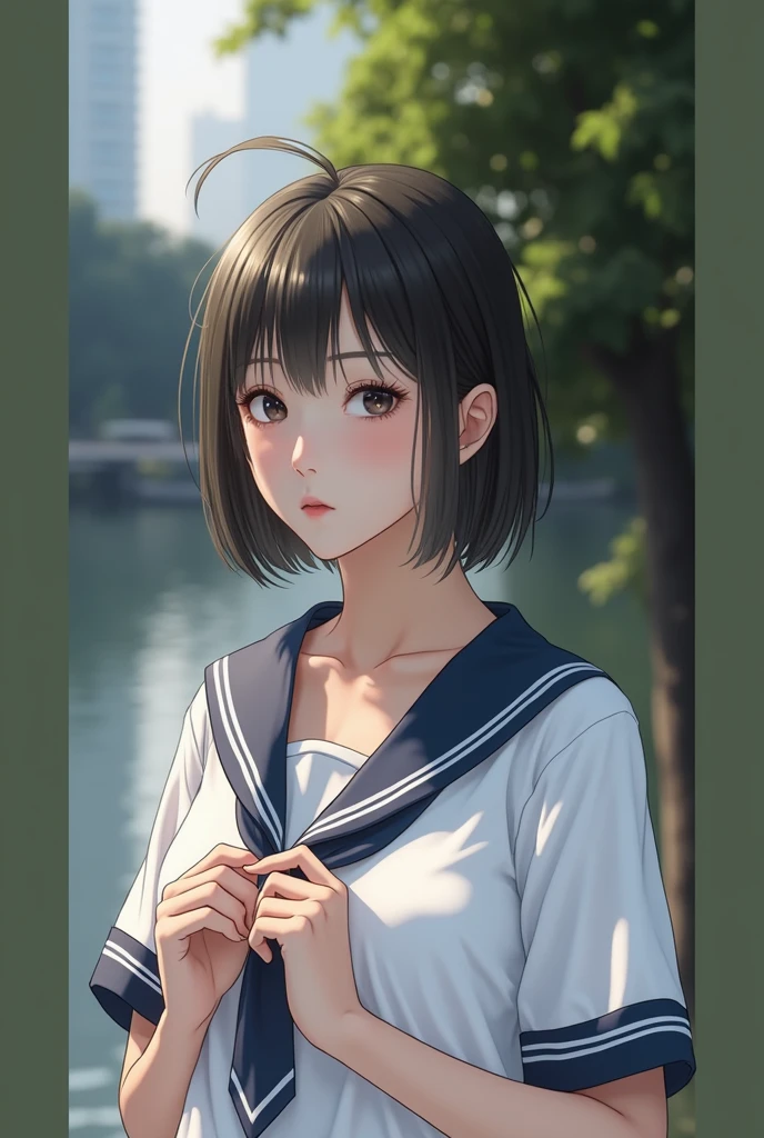 Realistic glowing skin, (sweating:1.4),Stand backwards,Look back at your face,Always look at the camera, (When the uniform gets wet with sweat, it becomes transparent..:1.4),(sweating:1.2)
Classic black and white sailor uniform,Summer clothes,Cold look,Cold Stare,Black Hair,short hair,Tie your hair short,Silky translucent white skin,best Realistic depiction,(Very detailed美しい顔), Great face and eyes, (Highest quality:1.4), (Very detailedな), (Very detailed CG 統合 8k 壁紙), Very detailed, High resolution raw color photos, Professional photography, Realistic portrait,
 (Detailed RAW photos of the girl&#39;s whole body), Canon EOS R5 250mm, Sharp focus, Cinema Lighting,  (No makeup:1.2), Fine skin, Delicate collarbone,Fine texture of the sailor uniform,Very Realistic sailor uniform texture,(Ultra-high resolution:1.6), (Realistic:1.6), 