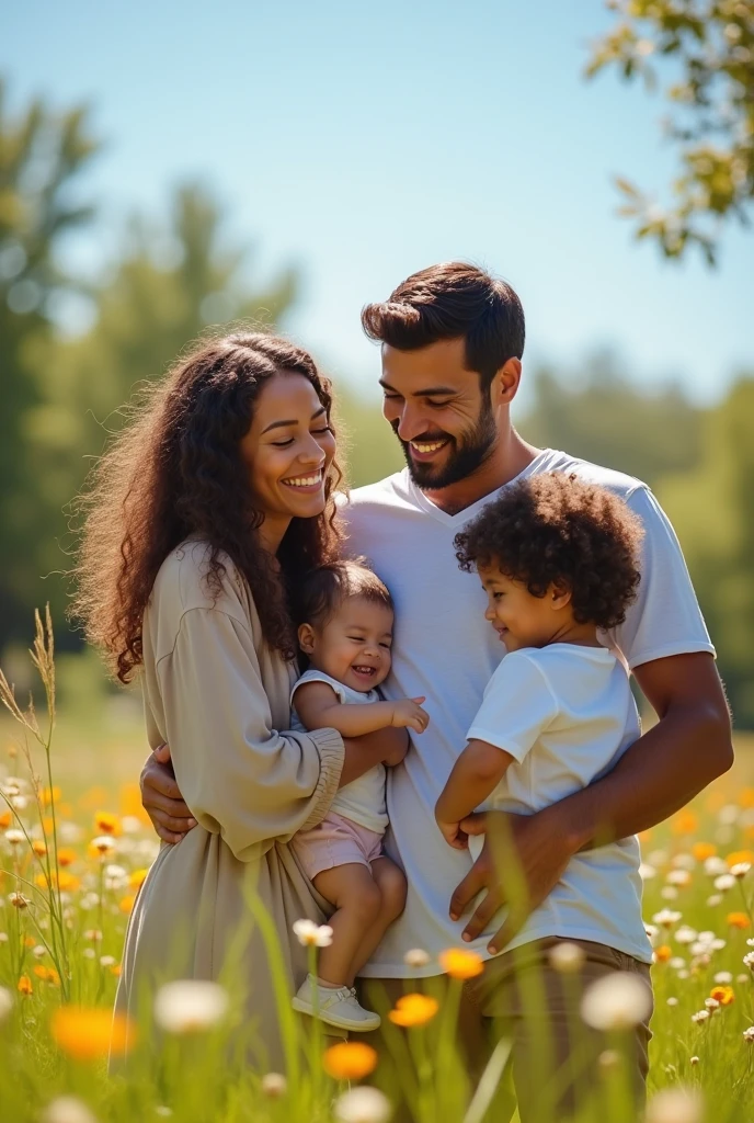   blonde with her blond father holding her in his arms and her mother a black woman with black hair kissing her cheek 