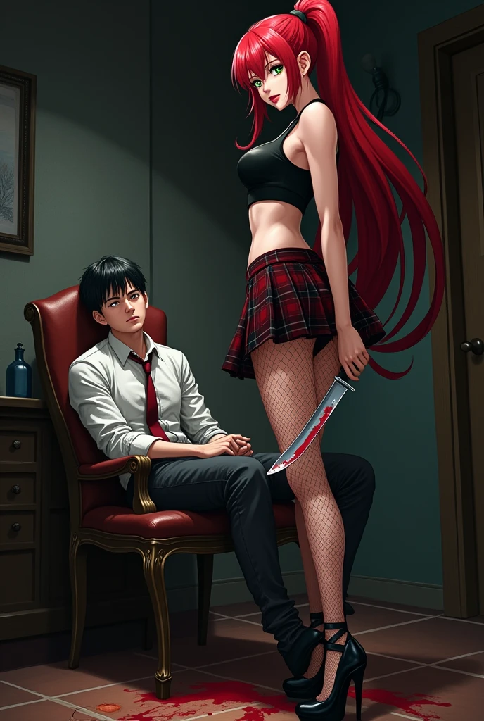 Anime style. Red long low ponytail, green eyed, serial killer woman wearing a tight black top and a plaid skirt. accessorizing with high heels and fishnet stockings. She is holding a bloody knife. An evil smile across her crimson lipgloss covered lips.she is torturing her victim, a young man who is tied to a chair.  He is scared.