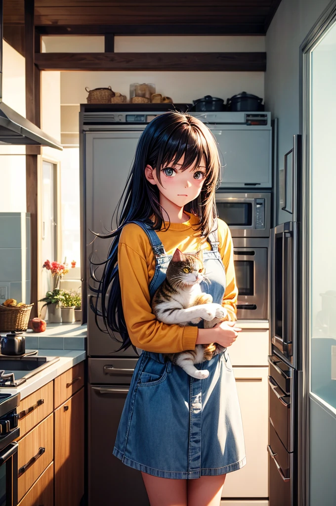 Create a 2:1 aspect ratio image of a full-body, front-facing view of a young girl standing in a bright kitchen, illuminated by natural sunlight. The girl, dressed in pop-punk fashion, is holding a cat in her arms. The scene is depicted in an anime style, inspired by the works of Makoto Shinkai, with detailed backgrounds, vivid colors, and emotionally expressive features. The kitchen setting should feel warm and cozy, with the sunlight enhancing the vibrant and rebellious