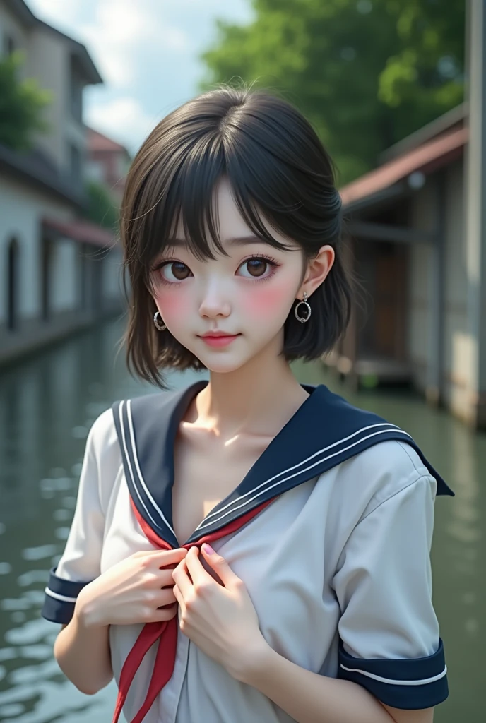 Realistic glowing skin, (sweating:1.4),Stand backwards,Look back at your face,Always look at the camera, (When the uniform gets wet with sweat, it becomes transparent..:1.4),(sweating:1.2)
Classic black and white sailor uniform,Summer clothes,Cold look,Cold Stare,Black Hair,short hair,Tie your hair short,Silky translucent white skin,best Realistic depiction,(Very detailed美しい顔), Great face and eyes, (Highest quality:1.4), (Very detailedな), (Very detailed CG 統合 8k 壁紙), Very detailed, High resolution raw color photos, Professional photography, Realistic portrait,
(Detailed RAW photos of the girl's whole body), Canon EOS R5 250mm, Sharp focus, Cinema Lighting, (No makeup:1.2), Fine skin, Delicate collarbone,Fine texture of the sailor uniform,Very Realistic sailor uniform texture,(Ultra-high resolution:1.6), (Realistic:1.6),