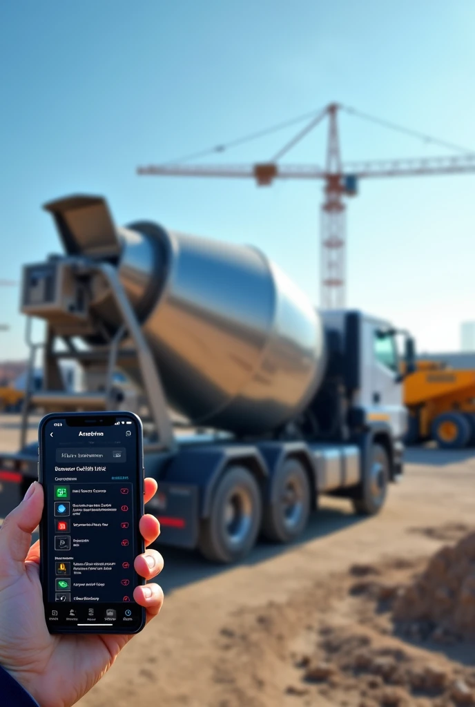 an image about concrete mixer sensor trackers, realistic bluetooth driver identifier via app and with checklist 

