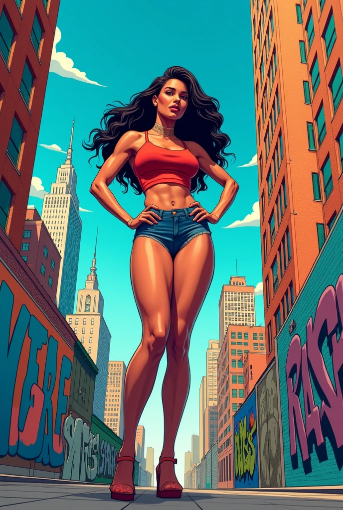 Female character with sand colored skin, amber eyes, slender body and long, fine hair. menos realista, like a comic book character 