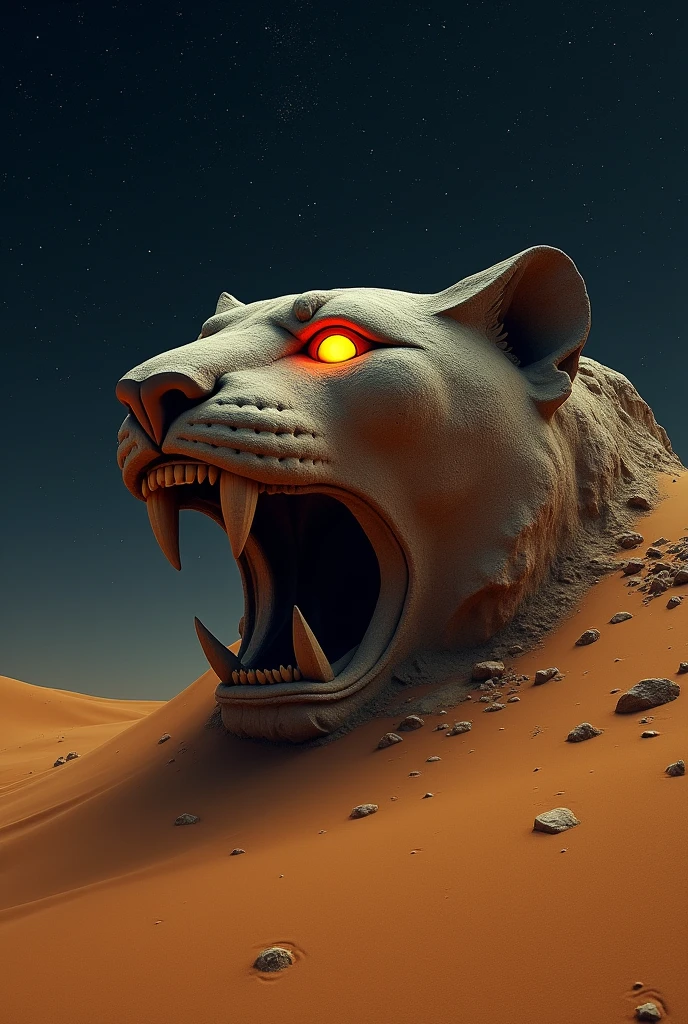 Giant stone panther head buried in desert sand, open mouth, glowing orange eyes, night dark background 