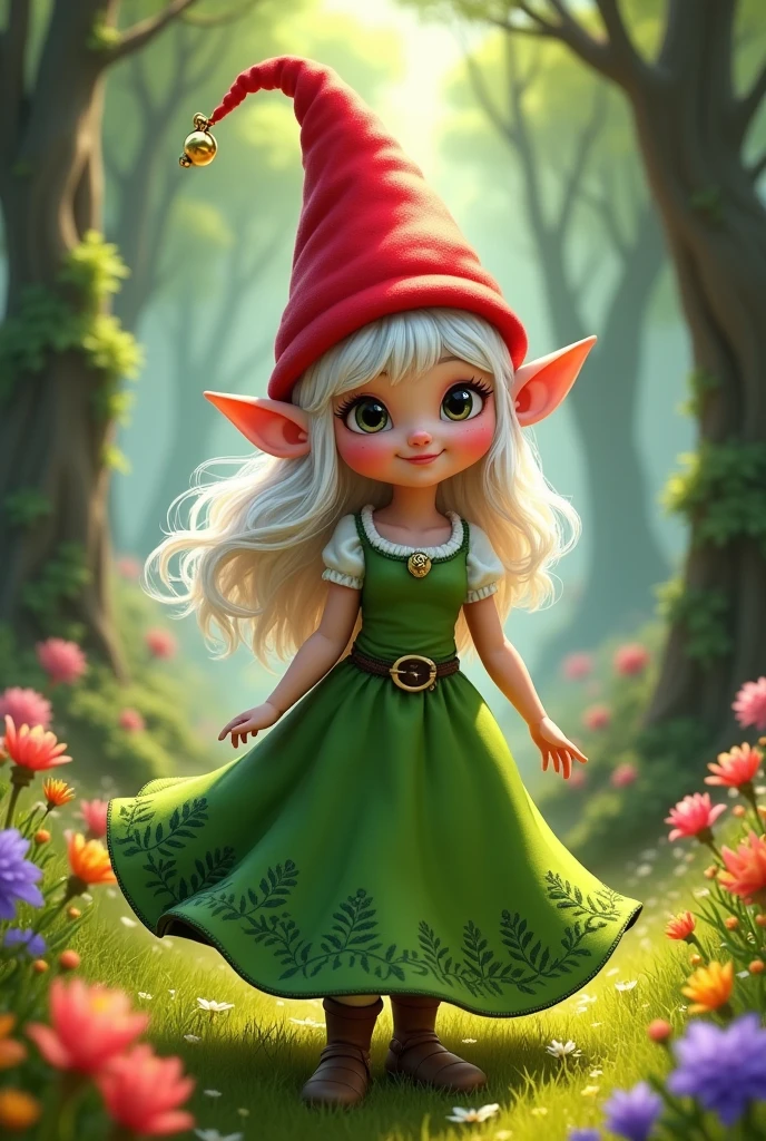 Female gnome in green dress, white hair, with a red cone-shaped hat