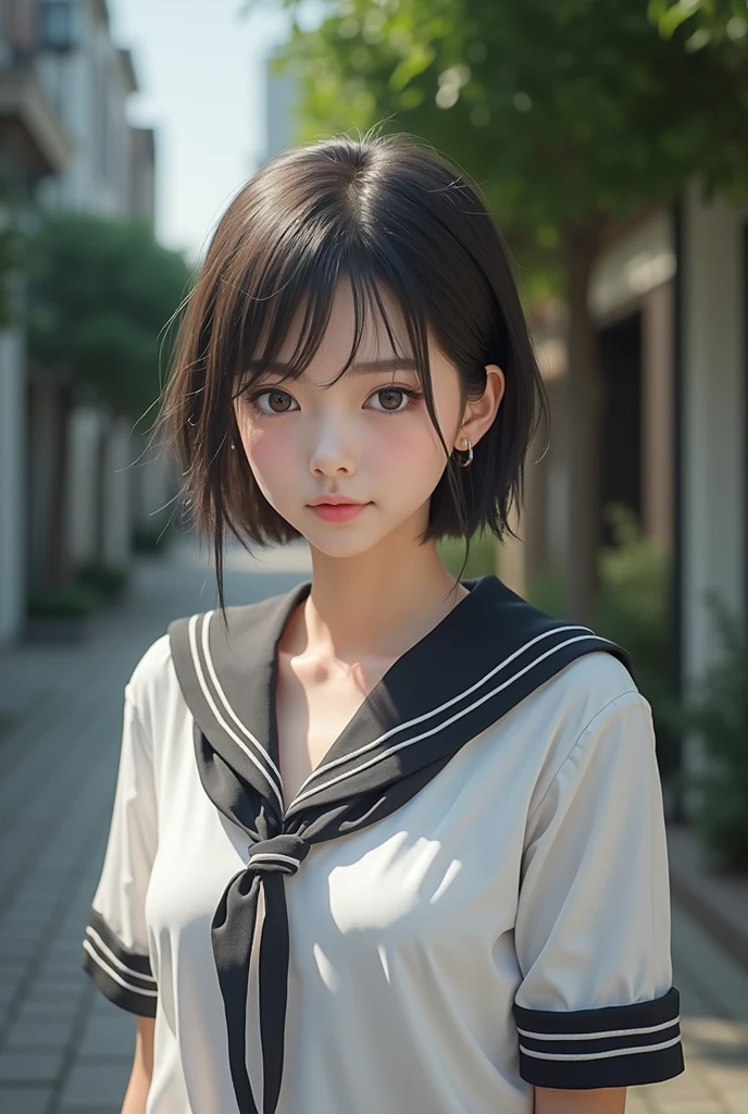Realistic glowing skin, (sweating:1.4),Stand backwards,Look back at your face,Always look at the camera, (When the uniform gets wet with sweat, it becomes transparent..:1.4),(sweating:1.2)
Classic black and white sailor uniform,Summer clothes,Cold look,Cold Stare,Black Hair,short hair,Tie your hair short,Silky translucent white skin,best Realistic depiction,(Very detailed美しい顔), Great face and eyes, (Highest quality:1.4), (Very detailedな), (Very detailed CG 統合 8k 壁紙), Very detailed, High resolution raw color photos, Professional photography, Realistic portrait,
(Detailed RAW photos of the girl's whole body), Canon EOS R5 250mm, Sharp focus, Cinema Lighting, (No makeup:1.2), Fine skin, Delicate collarbone,Fine texture of the sailor uniform,Very Realistic sailor uniform texture,(Ultra-high resolution:1.6), (Realistic:1.6),
