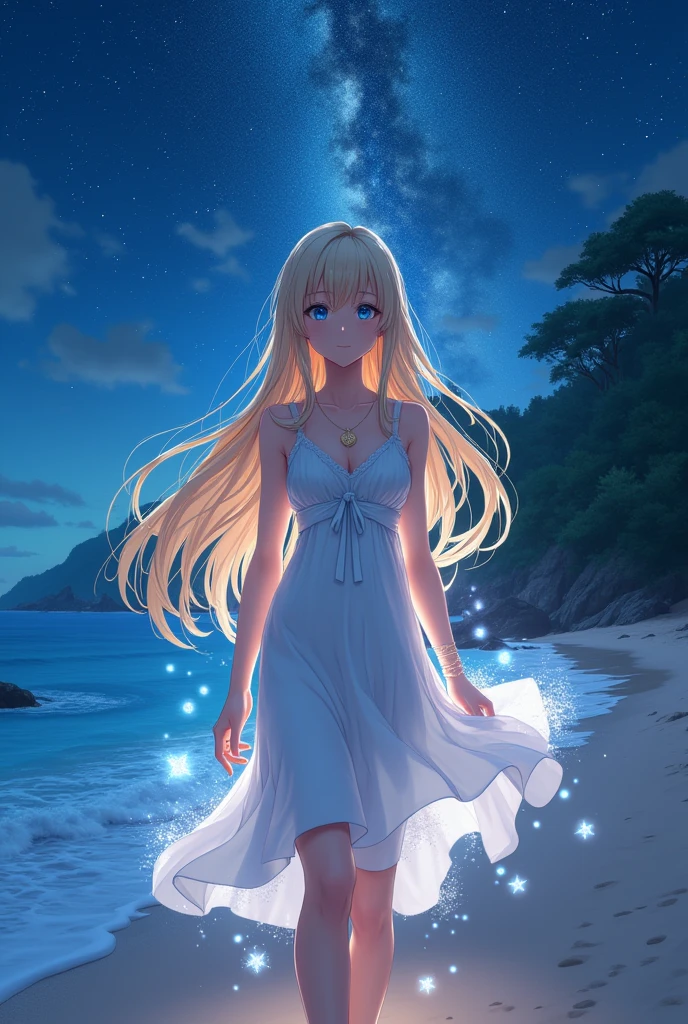 (masterpiece、Highest quality、8k、High resolution)、(Anime Girl)、Best Style、(The most beautiful face)、Clear skin、Clean blue eyes、Beautiful lips、Beautiful nose、Blonde Hair、Walking on the sand、Ocean、You can see the forest、A bright night with stars visible、Beautiful starry sky、milky way、(Mysterious light particles emitting from the body、Very mysterious light)、jewelry、necklace、dress、(whole body)、Highly detailed anime art、A complete portrayal、