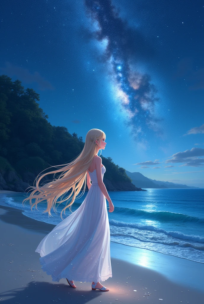 (masterpiece、Highest quality、8k、High resolution)、(Anime Girl)、Best Style、(The most beautiful face)、Clear skin、Clean blue eyes、Beautiful lips、Beautiful nose、Blonde Hair、Walking on the sand、Ocean、You can see the forest、A bright night with stars visible、Beautiful starry sky、milky way、(Mysterious light particles emitting from the body、Very mysterious light)、jewelry、necklace、dress、(whole body)、Highly detailed anime art、A complete portrayal、