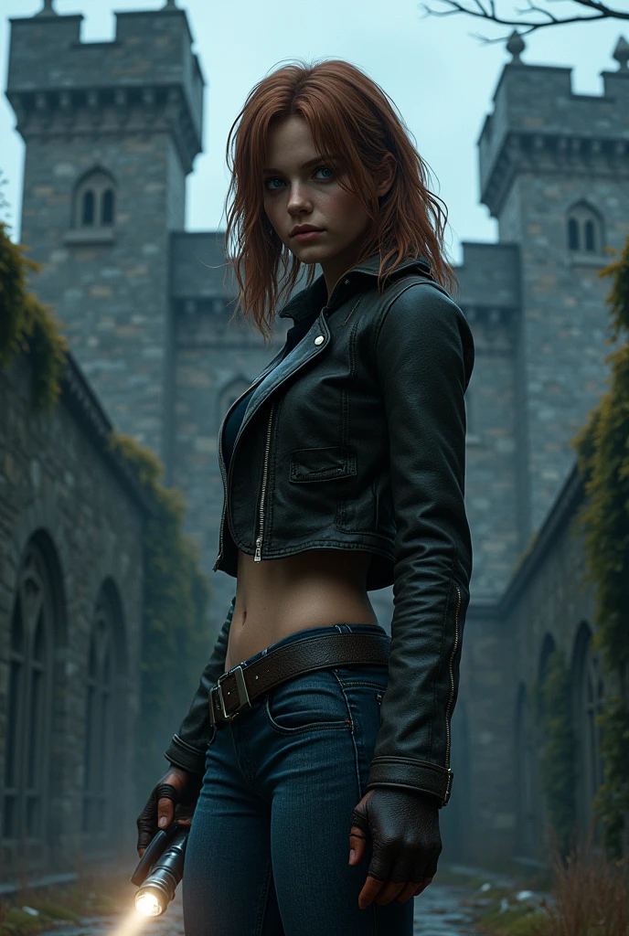 Create a character similar to Ashley from Resident Evil 4 , new , standing in front of a castle