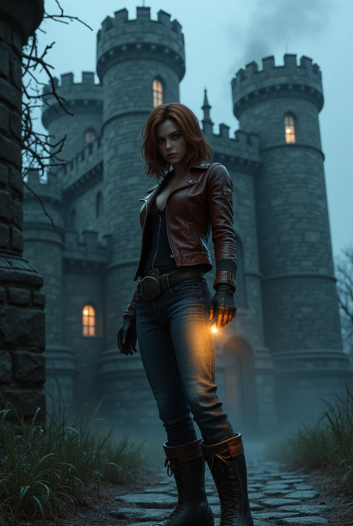 Create a character similar to Ashley from Resident Evil 4 , new , standing in front of a castle
