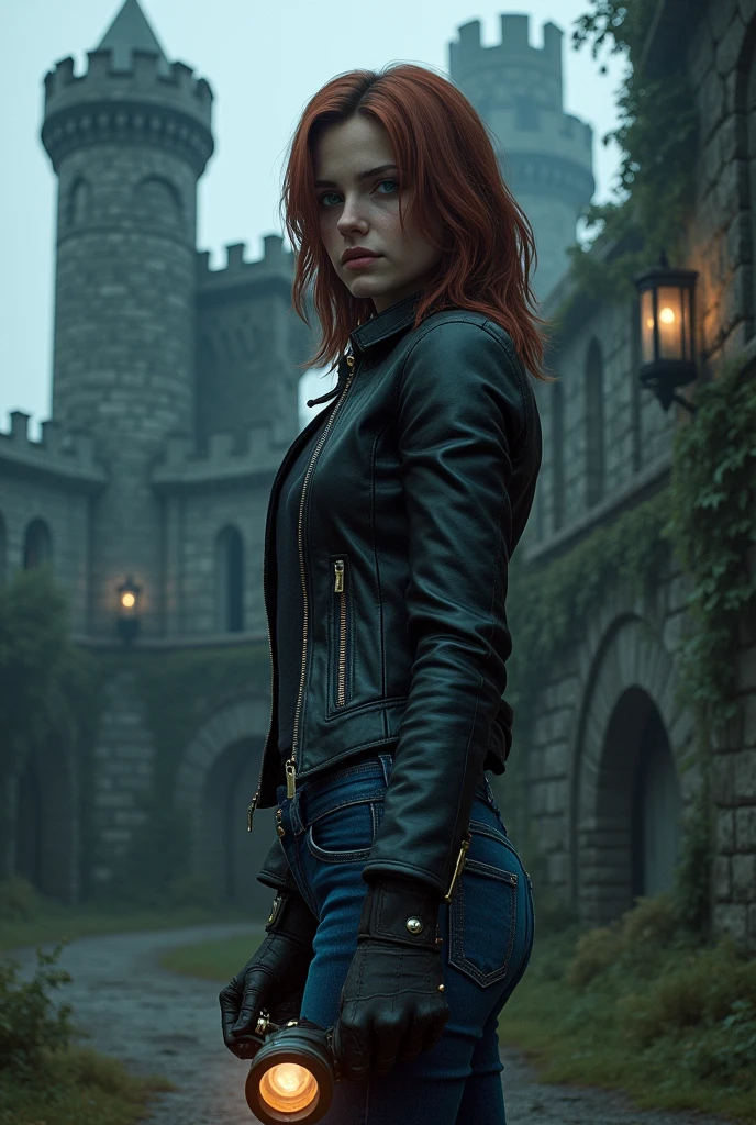 Create a character similar to Ashley from Resident Evil 4 , new , standing in front of a castle