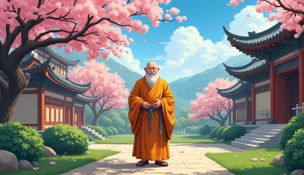 An wisdom full old fat Chinese monk standing at beautiful garden, surrounded by temples, beautiful scenario, trees, in anime style
