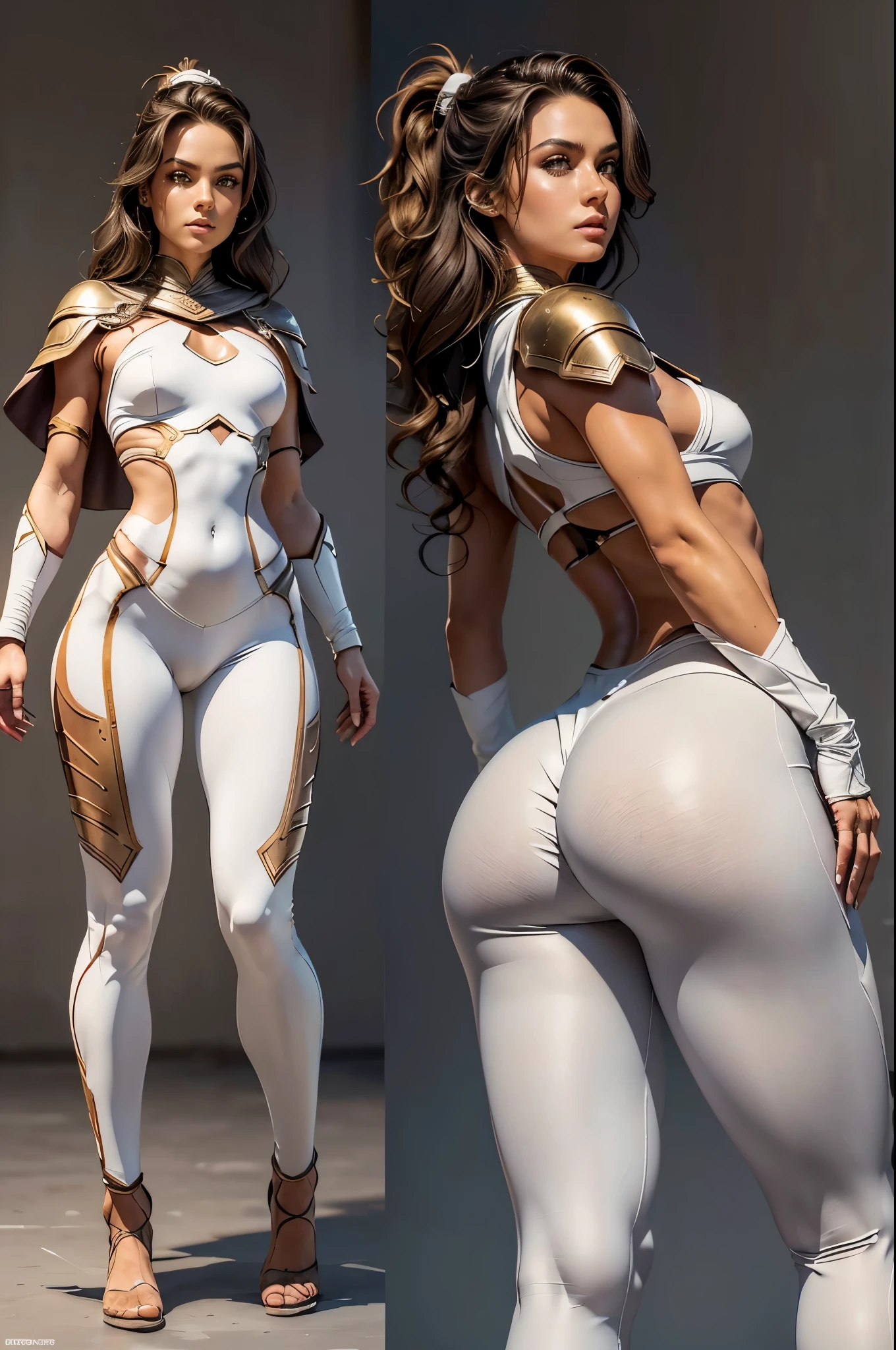 Detailed character sheet, Front view, Side view, Oblique view, with a white returnground, show women, 30 years old, with short dark brown hair combed return, 1 female warrior, Wavy Cape, long flowing hair, Swordsman Style, Light Armor, (Earth-toned long leggings), Slim figure, Toned thighs, Tight round ass, Low angle shot, From below, The seat includes different angles, Front desk etc.., return, and Side views, Model and Reference Sheets, Full body painting. The ratio is based on 7.5 Head Scale.