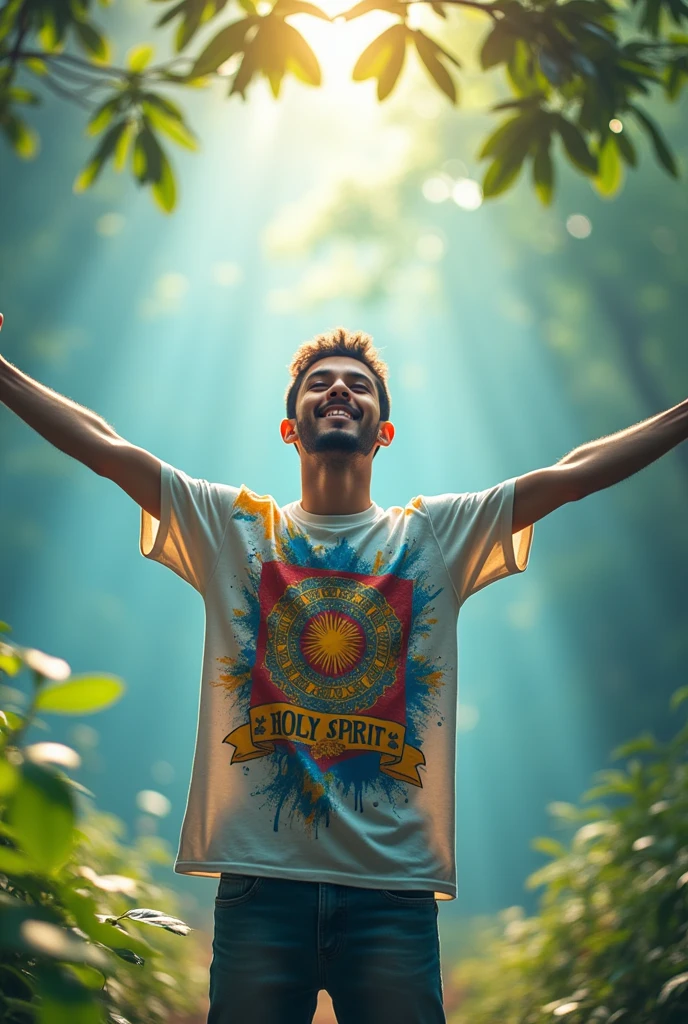 Young man in Holy Spirit t-shirt with open arms, drawing strokes